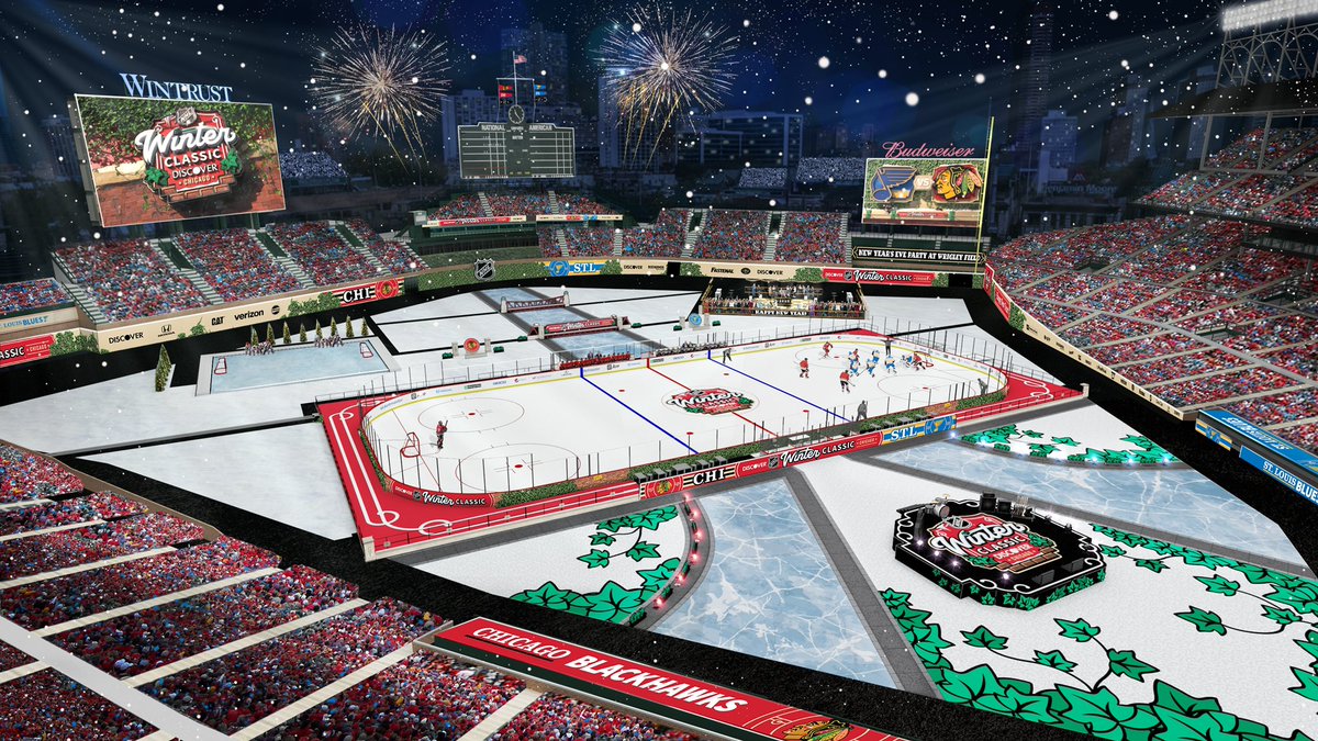 Here’s the rendering of the Winter Classic field layout at Wrigley this year. One of the highlights is there will be an active New Year’s Eve party in right field: