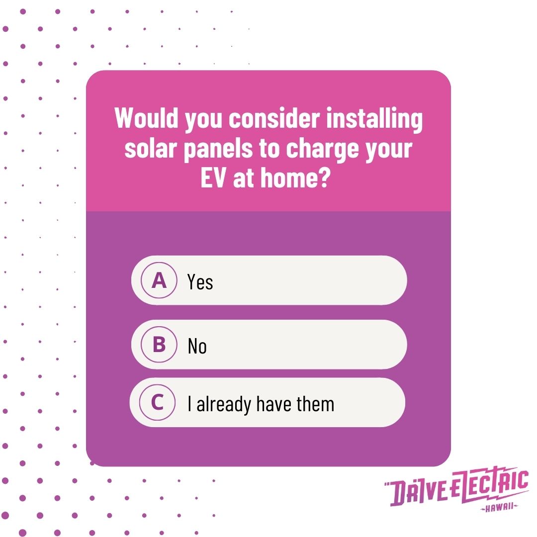 Would you consider installing solar panels to charge your EV at home? ☀️🔋 Not only can solar panels save you money on charging costs, but they also make your EV even more sustainable by using clean energy!

#ElectricVehicles #DriveElectricHawaii