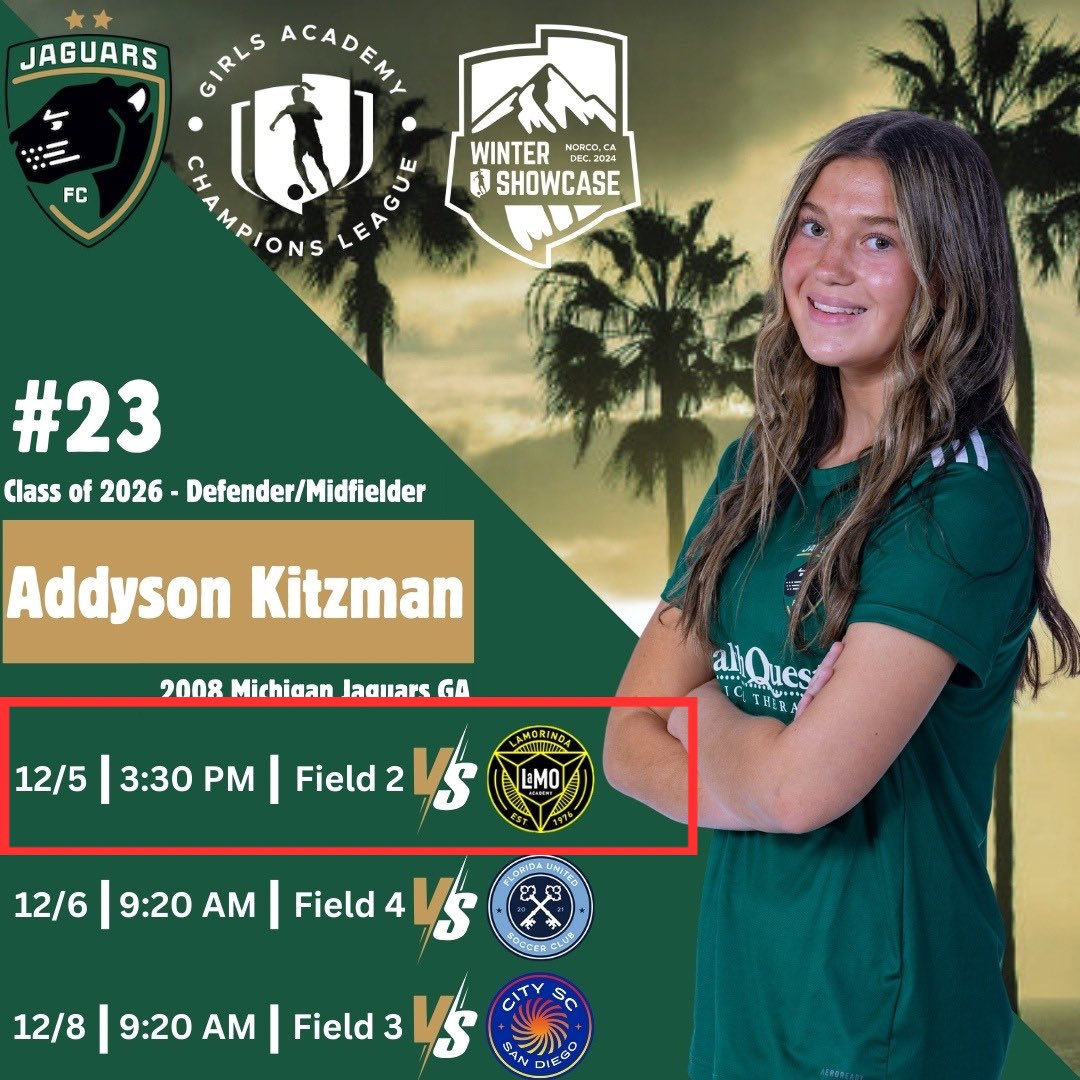 Addy Kitzman (C/O 2026) (@addy_kitzman) on Twitter photo Game day in Cali!! The start of Champions Cup bracket play!
3:30PM PST
Field 2 
Vs. Lamorinda 08 GA Game day in Cali!! The start of Champions Cup bracket play!
3:30PM PST
Field 2 
Vs. Lamorinda 08 GA