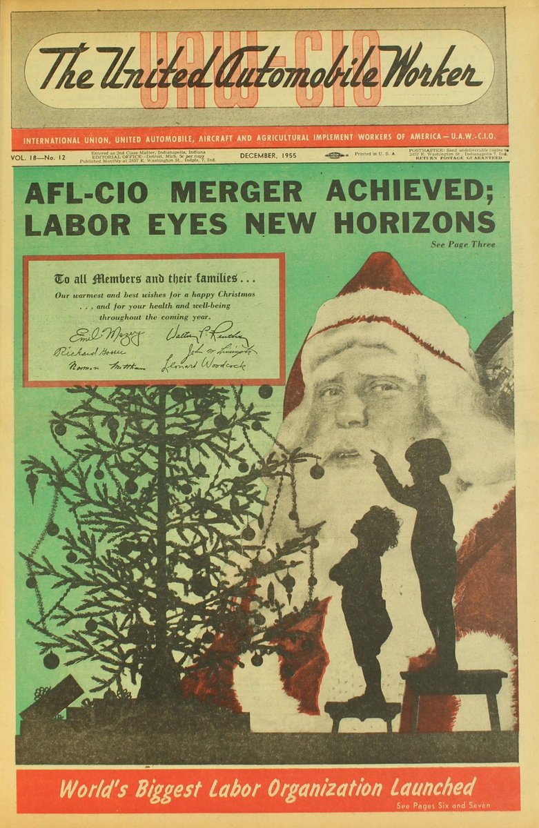 On this day almost 70 years ago, the American Federation of Labor and Congress of Industrial Organizations merged into the <a href="/AFLCIO/">AFL-CIO ✊</a>. This 1955 issue of the UAW's newspaper announces the merger. 

From our archives at the Reuther Library via the <a href="/UAW_Archivist/">UAW Archivist</a>.