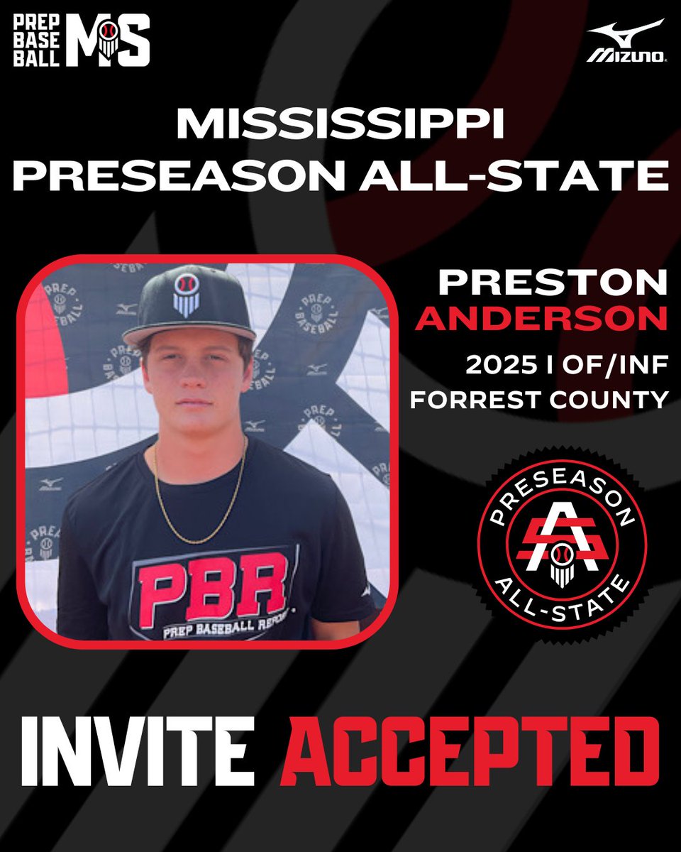 #𝗠𝗦𝗣𝗔𝗦𝟮𝟱: 𝗜𝗡𝗩𝗜𝗧𝗘 𝗔𝗖𝗖𝗘𝗣𝗧𝗘𝗗 🤝

+ @PBR_Uncommitted '25 OF/INF Preston Anderson (@PrestonA601; @FCAHSBaseball) is 𝙇𝙊𝘾𝙆𝙀𝘿 𝙄𝙉 🔐 for the Mississippi Preseason All-State at Clinton HS on January 26th.

𝙍𝙚𝙦𝙪𝙚𝙨𝙩 𝙄𝙣𝙫𝙞𝙩𝙚 ➡️ loom.ly/1apY7lI