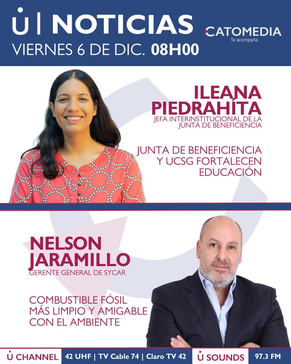 Catomedia (@catomedia_ucsg) on Twitter photo 🚨Este VIERNES en U Noticias nos acompañan:
✅ Ileana Piedrahíta (<a href="/ilepiedrahita/">Ileana Piedrahita 📖</a>), jefa interinstitucional del segmento educativo de la Junta de Beneficencia (<a href="/jbgorg/">Junta de Beneficencia</a>)
✅ Nelson Jaramillo (<a href="/nelsonJP5117/">Nelson Jaramillo Pita</a>), gerente general de <a href="/SYCAR_LNG/">SYCAR LNG</a>
Por Catomedia📱 🔴YouTube🔵Facebook 🚨Este VIERNES en U Noticias nos acompañan:
✅ Ileana Piedrahíta (<a href="/ilepiedrahita/">Ileana Piedrahita 📖</a>), jefa interinstitucional del segmento educativo de la Junta de Beneficencia (<a href="/jbgorg/">Junta de Beneficencia</a>)
✅ Nelson Jaramillo (<a href="/nelsonJP5117/">Nelson Jaramillo Pita</a>), gerente general de <a href="/SYCAR_LNG/">SYCAR LNG</a>
Por Catomedia📱 🔴YouTube🔵Facebook