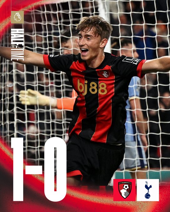 Half-time graphic. AFC Bournemouth 1-0 Spurs.
