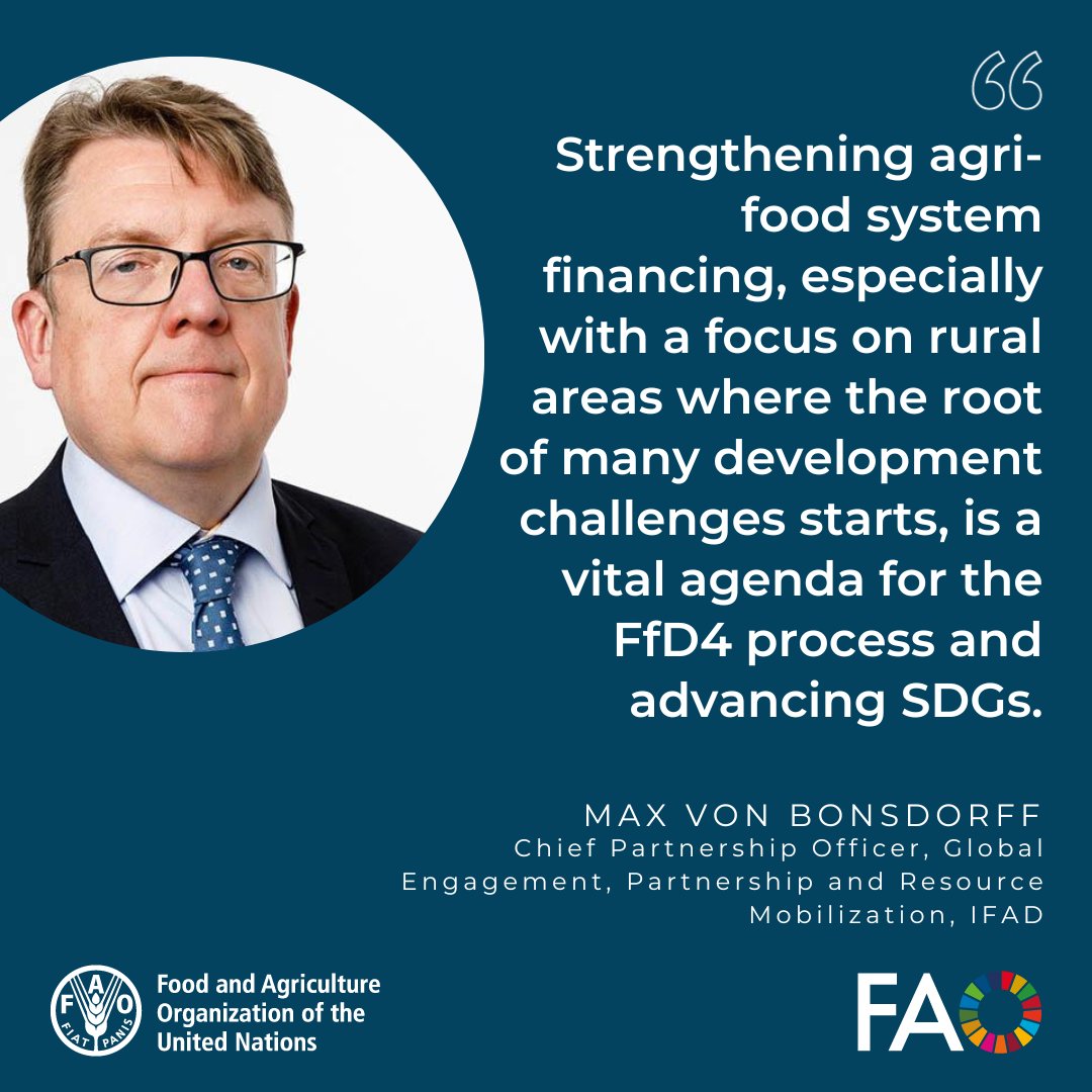 At <a href="/FAO/">Food and Agriculture Organization</a>'s #FfD4 2nd PrepCom side-event on the Prevention &amp; Mitigation of Food Crises &amp; Transformation of Agrifood Systems, <a href="/IFAD/">International Fund for Agricultural Development</a>'s <a href="/BonsdorffMax/">Max von Bonsdorff</a> underlined the need to focus on rural areas in order to strengthen agrifood system financing. #Fin4Dev