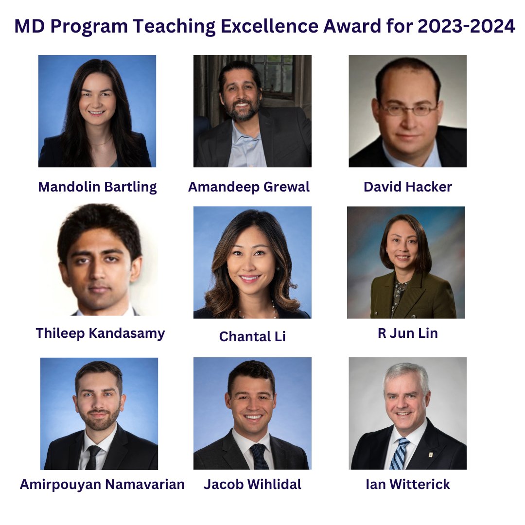 🎉 Congratulations to Mandolin, Amandeep, David, Thileep, Chantal, Jun, Amirpouyan, Jacob and Ian on receiving the MD Program Teaching Excellence Award for 2023-2024! 🏆

Thank you for your dedication to teaching, mentorship, and shaping the next generations.🌟👏