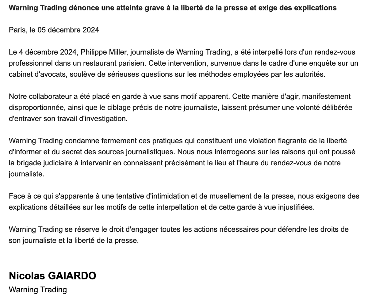 NicolasGAIARDO's tweet photo. 🚨 Journaliste @PhilippeMiller de @Warning_Trading arrêté sans motif. Atteinte grave à la liberté de presse. Exigeons des explications ! #LibertéDeLaPresse #StopIntimidation https://t.co/Rz3TYsPQaS