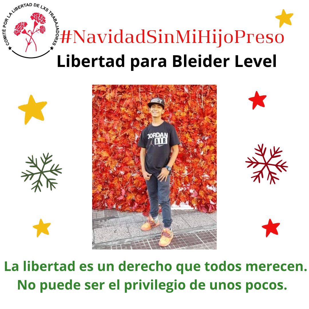 BLEIDER LEVEL
17 años de edad. Detenido el 31 de julio en Coche cuando salía de la casa de su novia. 
Es un joven mecánico, al que le están imputando terrorismo, incitación al odio y porte ilícito de arma.
Recluido en Ciudad Caracas. 

#NavidadSinMiHijoPreso