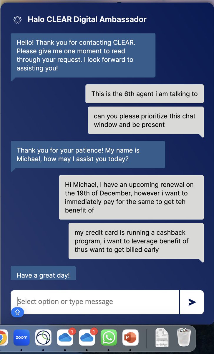 ayirachK's tweet photo. @Clear - is this the customer service we should expect from you ? Talked to 6 everyone asks "How May I assist you?" but none is interested in assisting.

#CustomerService https://t.co/F96j4tf0ok