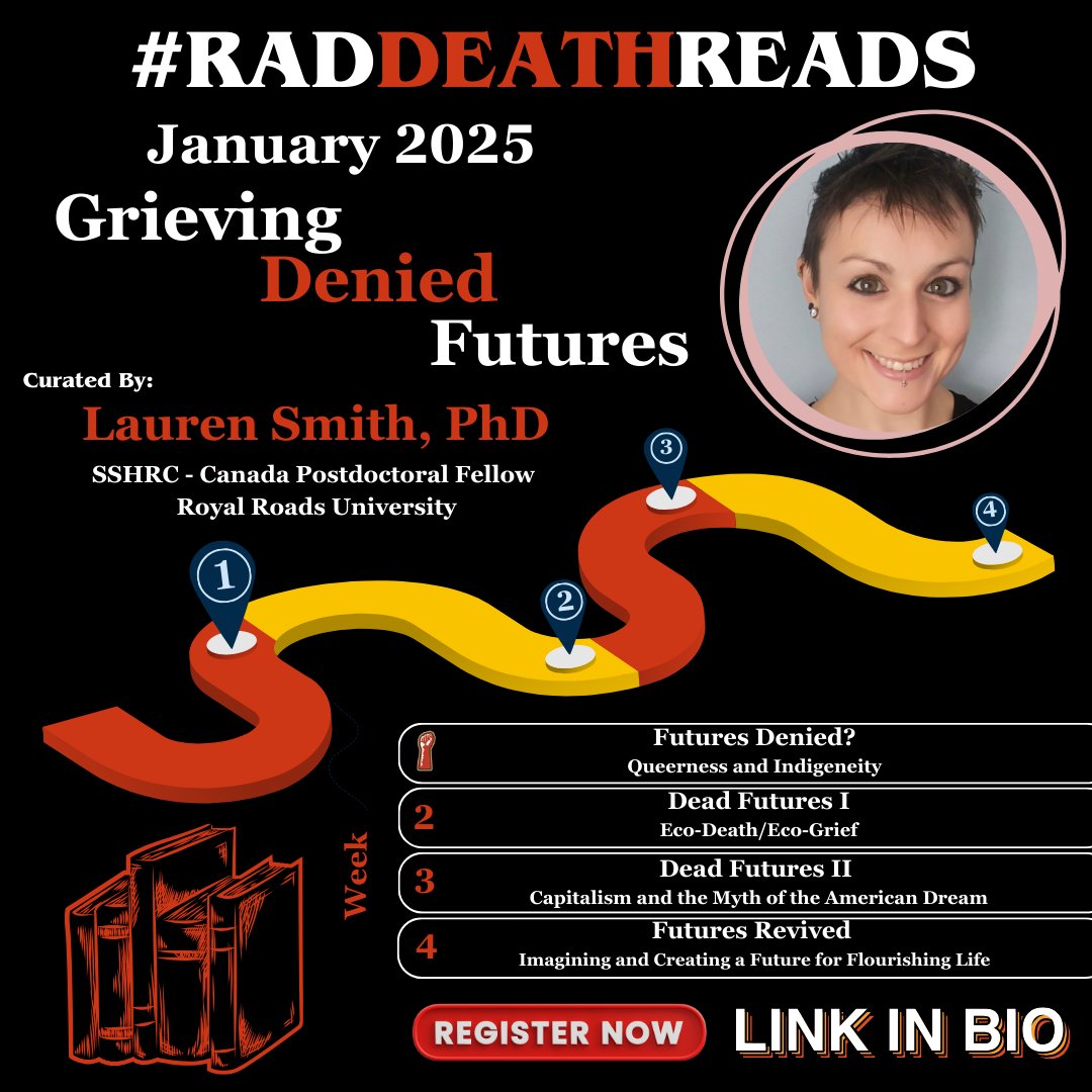 🚨 Ready to dive into #RADDEATHREADS this January 2025?

Join Dr. Lauren Smith, PhD, for Grieving Denied Futures—a 4-week exploration of eco-grief, queerness, capitalism, &amp; imagining flourishing futures

📌 REGISTER NOW 
#FutureStudies #EcoGrief #SocialJustice #CRDS #RDR
