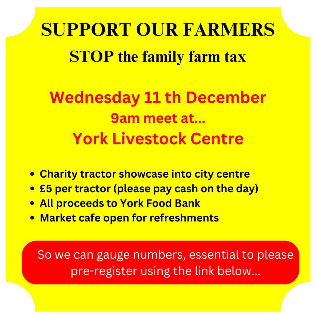 By all accounts we can’t all fit in London next Wednesday 11th Dec, nevermind physically get our 🚜 to London but pretty sure we all want to do our bit and keep the pressure on #FamilyFarmTax 👇
Calling 📣 #York #Yorkshire
Please register here 🚜👇

…97db4b2f311efb7743d3dcc4e400c.eo.page/york