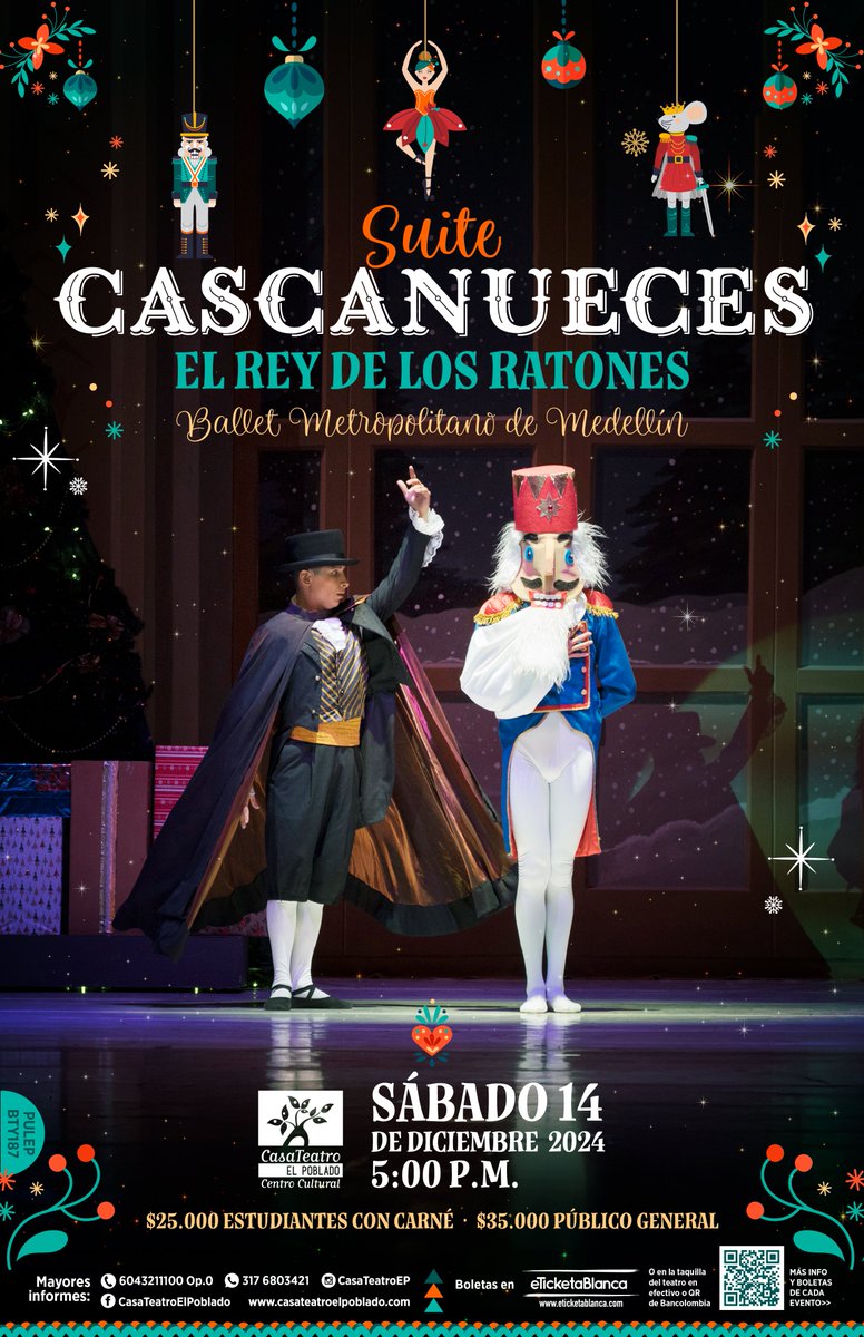 ¡La Navidad llega a nuestra sala con un evento maravilloso! 🎄🎄❄❄⛄⛄

Suite Ballet Cascanueces, una propuesta para toda la familia que nos presentan nuestros amigos del <a href="/BalletMetropol/">Ballet Metropolitano</a> 

Boletas: tickets.eticketablanca.com/event/suite-ca…