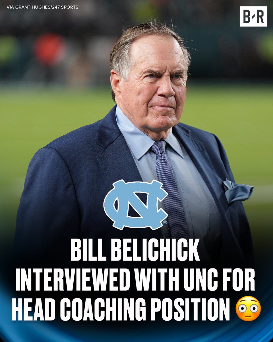 BleacherReport's tweet photo. 72-year-old Bill Belichick has interviewed with the University of North Carolina regarding its head coaching vacancy, per @GrantHughesNC 🤯

GOAT back? 🐐 https://t.co/c0Yx58TQYd