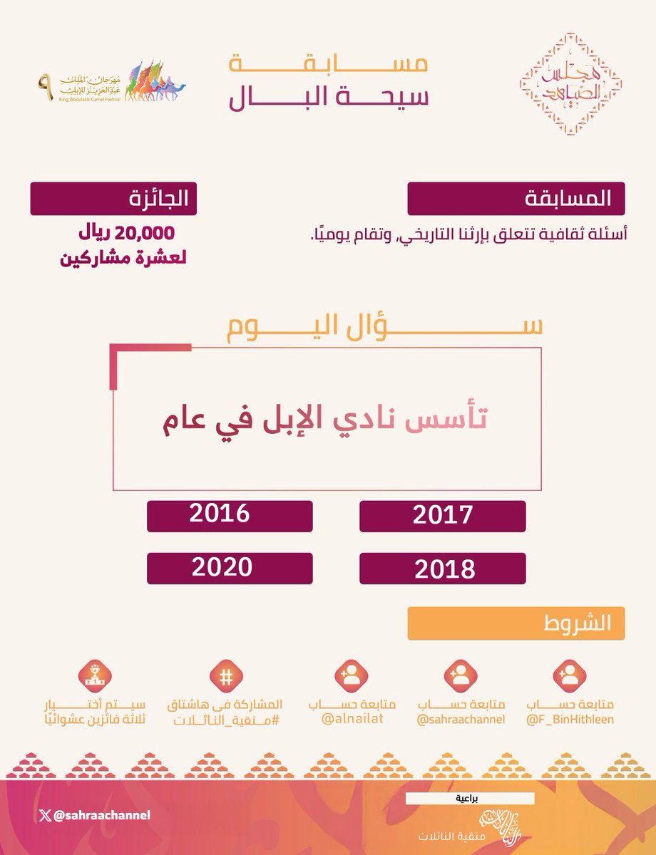 قناة الصحراء (@sahraachannel) on Twitter photo 🟤 | ســؤال اليوم الخامس
في مسابقة #سيحة_البال ..
تأسس نادي الإبل في عام ؟
1. 2016
2. 2017
3. 2018
4. 2020
🔺الجائزة :
20 الف ريال 💸
لـ(10) فائزين 🔥
🔺الشروط:
- متابعة حساب قناة الصحراء <a href="/sahraachannel/">قناة الصحراء</a>
- متابعة حساب الشيخ فهد بن حثلين <a href="/F_BinHithleen/">فهد بن حثلين</a>
- متابعة حساب النائلات 🟤 | ســؤال اليوم الخامس
في مسابقة #سيحة_البال ..
تأسس نادي الإبل في عام ؟
1. 2016
2. 2017
3. 2018
4. 2020
🔺الجائزة :
20 الف ريال 💸
لـ(10) فائزين 🔥
🔺الشروط:
- متابعة حساب قناة الصحراء <a href="/sahraachannel/">قناة الصحراء</a>
- متابعة حساب الشيخ فهد بن حثلين <a href="/F_BinHithleen/">فهد بن حثلين</a>
- متابعة حساب النائلات