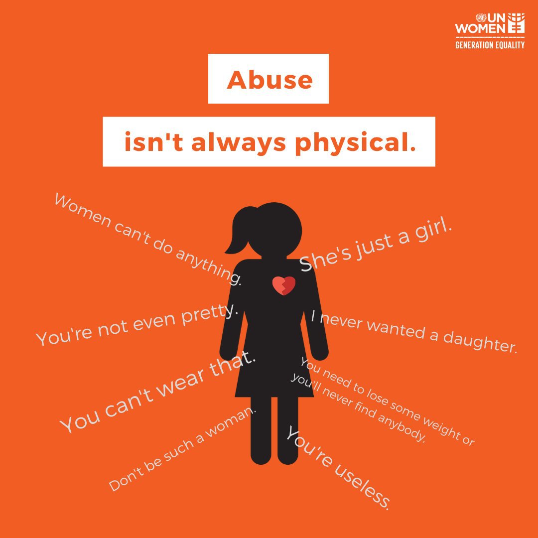 UN's tweet photo. Abuse is not always physical and it doesn’t always leave visible scars.

Each of us can help protect women &amp; girls:

📣 Speak out to break the cycle of abuse
⚖️ Support survivors &amp; their right to justice
❌ Stop victim blaming
https://t.co/PTHHc1ULgm via @UN_Women 
#16Days https://t.co/nPdOEgayxB
