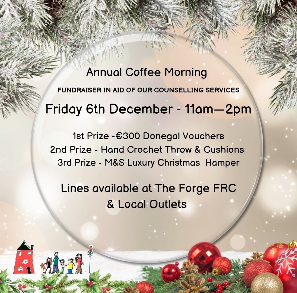 TheForgeFRC's tweet photo. The Forge Family Resource Centre invite  you to join us for our Annual Coffee Morning Fundraiser in aid of our Counselling Service.

Pettigo Resource Hall 
Friday 6th December  
11am - 2pm.

#theforgefrc #familyresourceirl  #theforgefrccounsellingservice  #theforgefrcannualdraw https://t.co/P8MFMWpuse