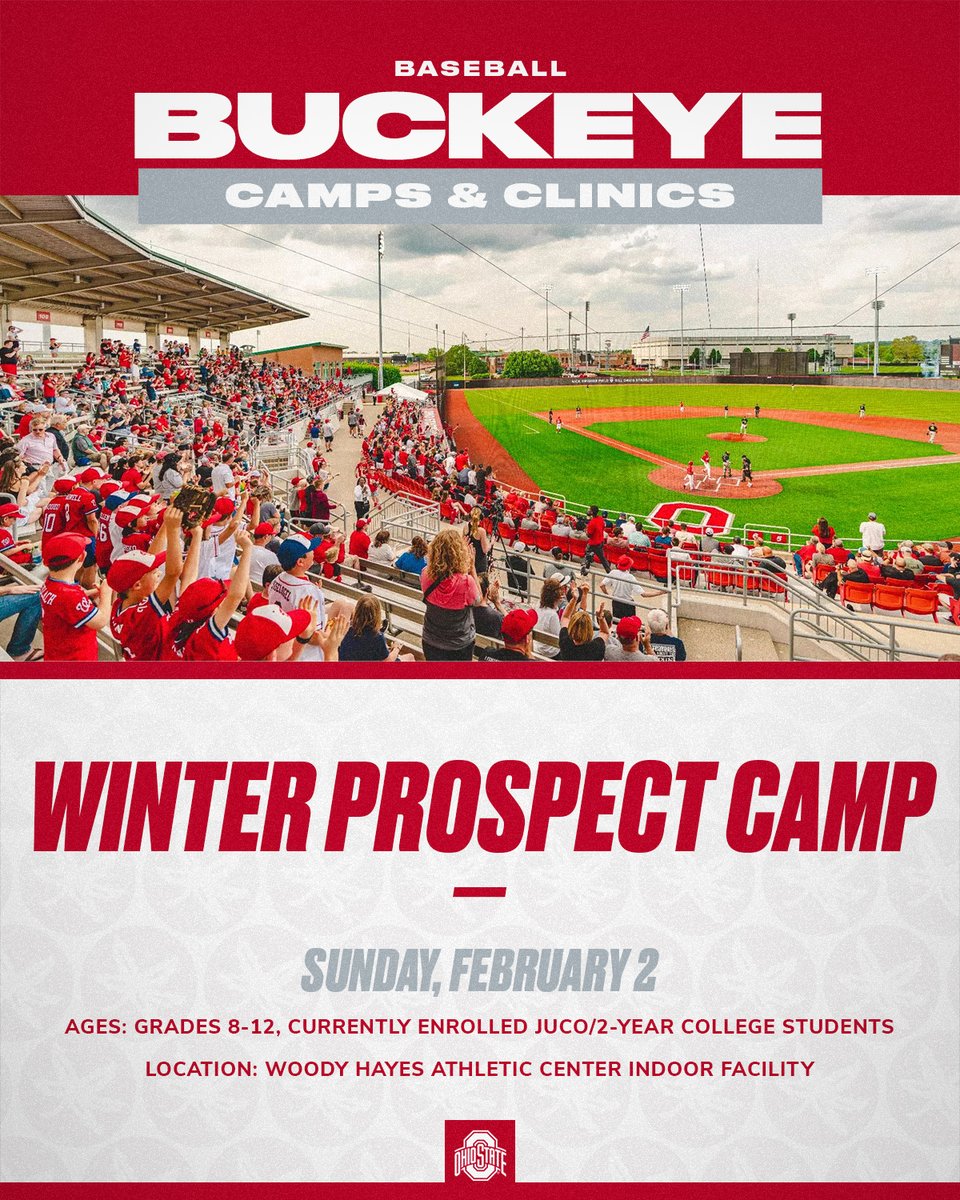 Ohio State Baseball (@ohiostatebase) on Twitter photo Registration is open for our winter prospect camp! Open to students in grades 8-12 and students currently enrolled at junior colleges and 2-year colleges. Don't miss your chance to get in front of our staff! Register now ⬇️
🔗: go.osu.edu/baseball-camps
#GoBucks Registration is open for our winter prospect camp! Open to students in grades 8-12 and students currently enrolled at junior colleges and 2-year colleges. Don't miss your chance to get in front of our staff! Register now ⬇️
🔗: go.osu.edu/baseball-camps
#GoBucks
