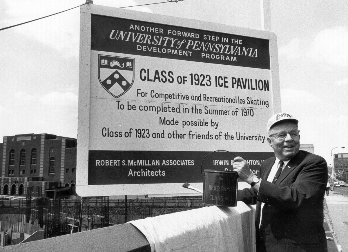 #ThrowbackThursday to December 1969 ⛸️ 

At 32nd &amp; Walnut, with the Palestra in the background and the campus ice rink under construction, Howard Burcher, III (Class of 1923’s “head painter”) unveils a new sign.

📸: @penngazette

#PennAlumni #TBT