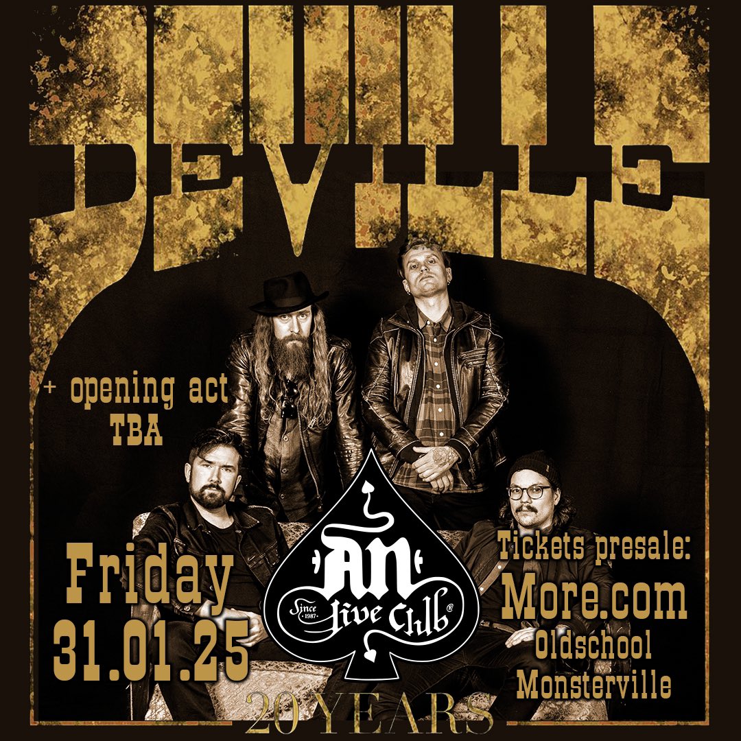 BIG NEWS! DEVILLE are honoured to be invited to play the legendary AN club in Athens, Greece! This will take place Friday the 31:st of January and tickets are on sale here: more.com/se-el/tickets/…