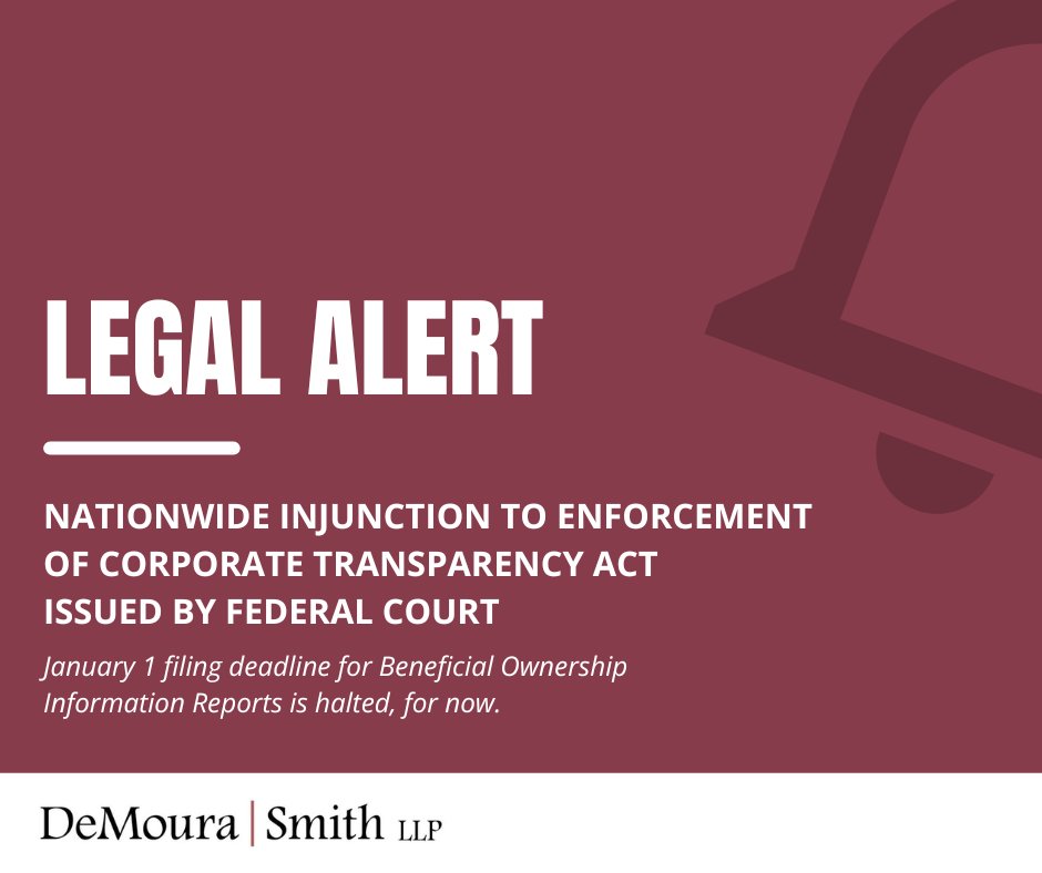 A federal court has issued a nationwide injunction suspending the Jan. 1, 2025, deadline for Beneficial Ownership Information (BOI) reports under the Corporate Transparency Act (CTA). Read the full legal alert: bit.ly/49nQcYR