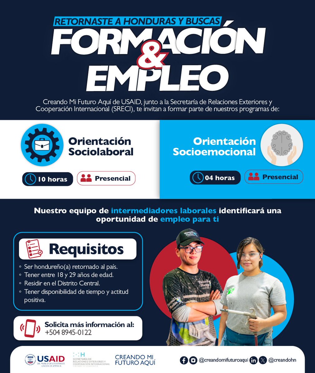 creandohn's tweet photo. ¿Eres hondureño(a) retornado(a) y buscas formación para mejorar tus oportunidades?

Junto a la @CancilleriaHN  les invitamos a participar en nuestros programas gratuitos de:
🔧 Orientación Sociolaboral
🌱 Orientación Socioemocional

https://t.co/wdlf9cHLiw
@USAIDHonduras https://t.co/MCyWNN8iho