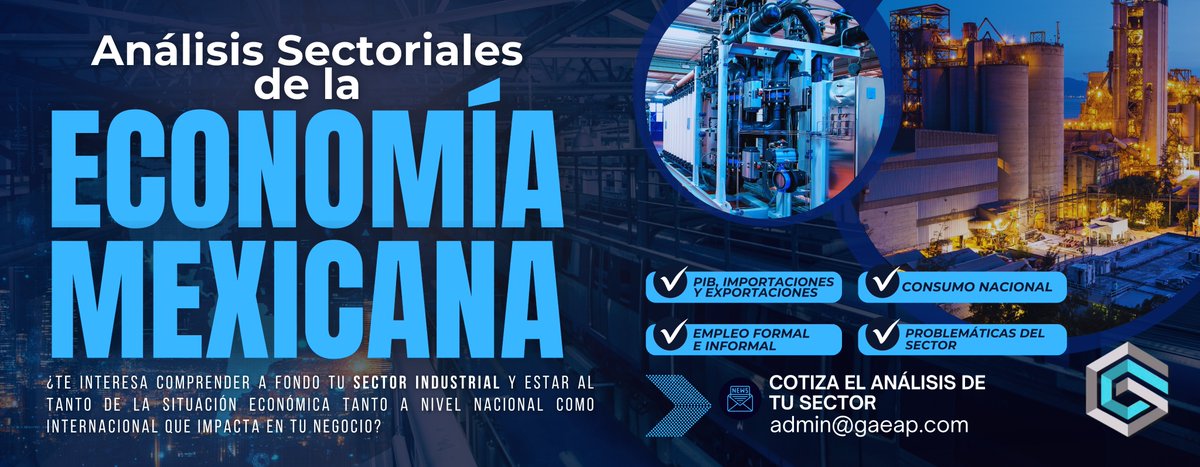 gaeap_mx's tweet photo. 📊¿Quieres saber más sobre tu sector y su entorno económico? En #GAEAP elaboramos Análisis Sectoriales de la #Industria 🏭para que tomes decisiones informadas con datos sobre:
💵Producción y ventas
💼Empleo y consumo
🌐Comercio exterior y más .
🔎Solicita el tuyo: https://t.co/DSdICac9Gq