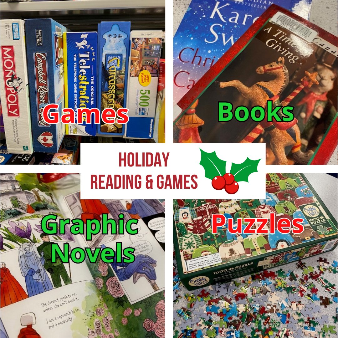 nic_library's tweet photo. Need some reading or games for the holidays? Your NIC campus library has what you need! We have holiday-themed items, 🎅but also just plenty of fun things to enjoy. 🎁You worked hard this term and deserve a break! #HolidaysAtTheLibrary #NorthIslandCollege https://t.co/dOXA9A8JJ1