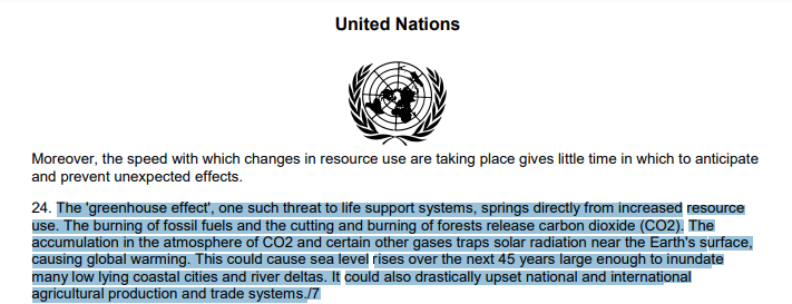 Nations Unies 
1987 (il y a 37 ans)
Prévision : "Cela pourrait entraîner une élévation du niveau de la mer au cours des 45 prochaines années, suffisamment importante pour inonder de nombreuses villes côtières de basse altitude et des deltas fluviaux." 
2024 Observé = zéro