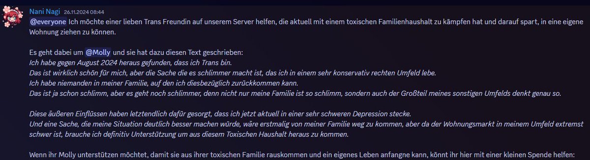 NagiNovaNya's tweet photo. Ich will einer Trans Freundin auf meinem Discord Server gerne aus ihrer toxischen Familie raushelfen.

@Sailor_Molly_ möchte in eine eigene Wohnung wegziehen &amp; schafft es nicht ohne Unterstützung.

Bitte zieht hier eine kleine Spende für sie in Betracht💙
https://t.co/oMGMxC8EcL https://t.co/6gnYUIfPsW