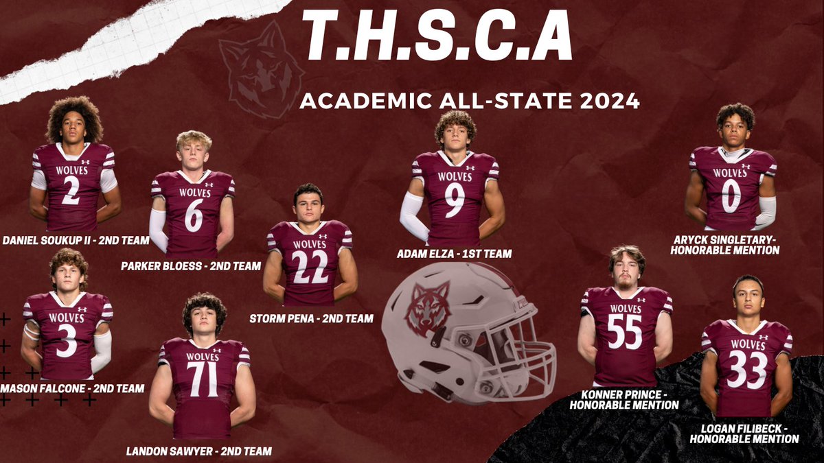 DHSWolvesFB's tweet photo. Congratulations! Texas High School Coaches Association Academic All State Team. #BTP https://t.co/WQIxMTQ77f