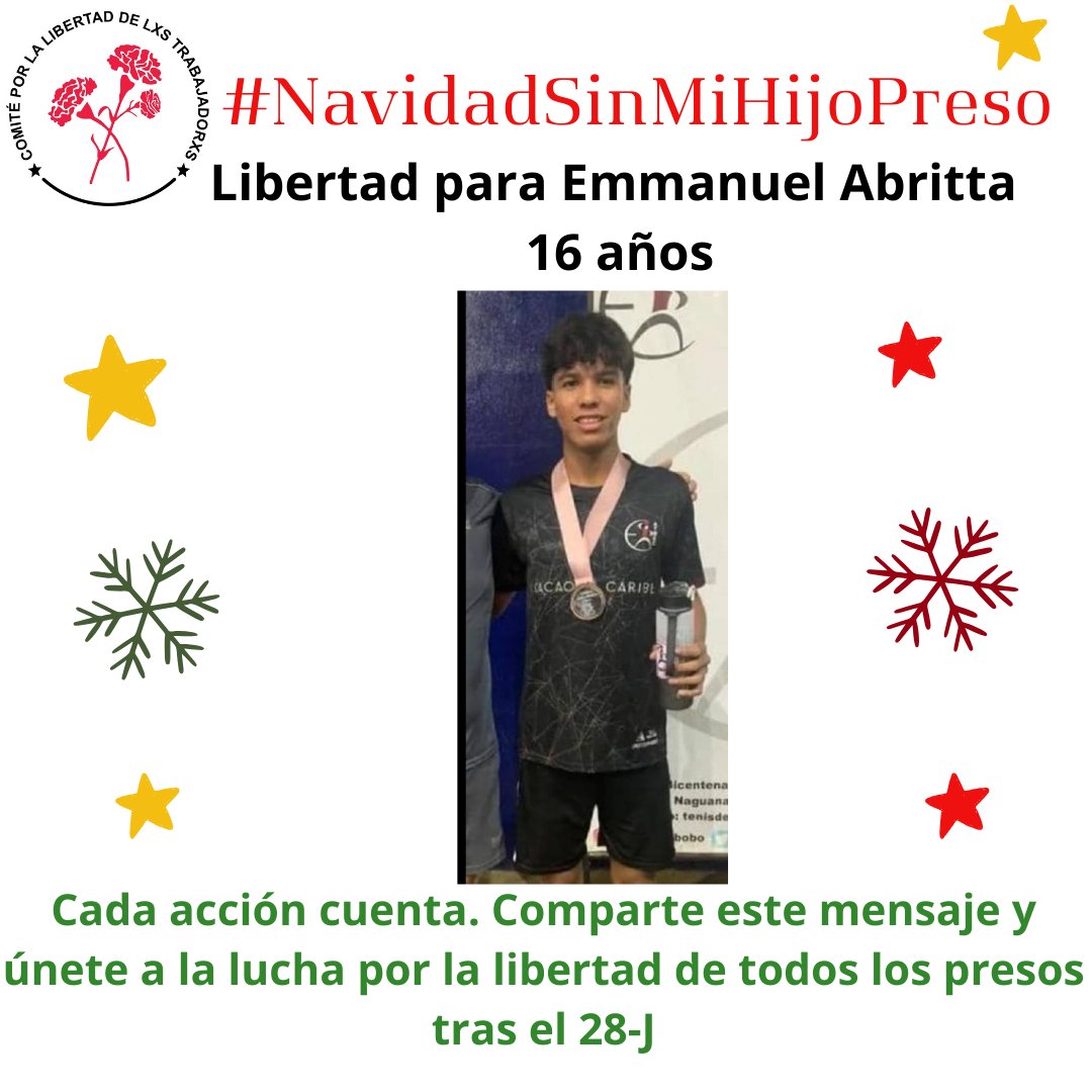 Emmanuel Abritta de 16 años. Detenido en el reten policial de Tocuyito. Es un joven deportista, que sin pruebas en su contra está siendo acusado de terrorismo.
 
¡No les roben su juventud! ¡Libérenlos! 
¡Sobreseimiento ya!

#NavidadSinMiHijoPreso #LibertadParaTodos