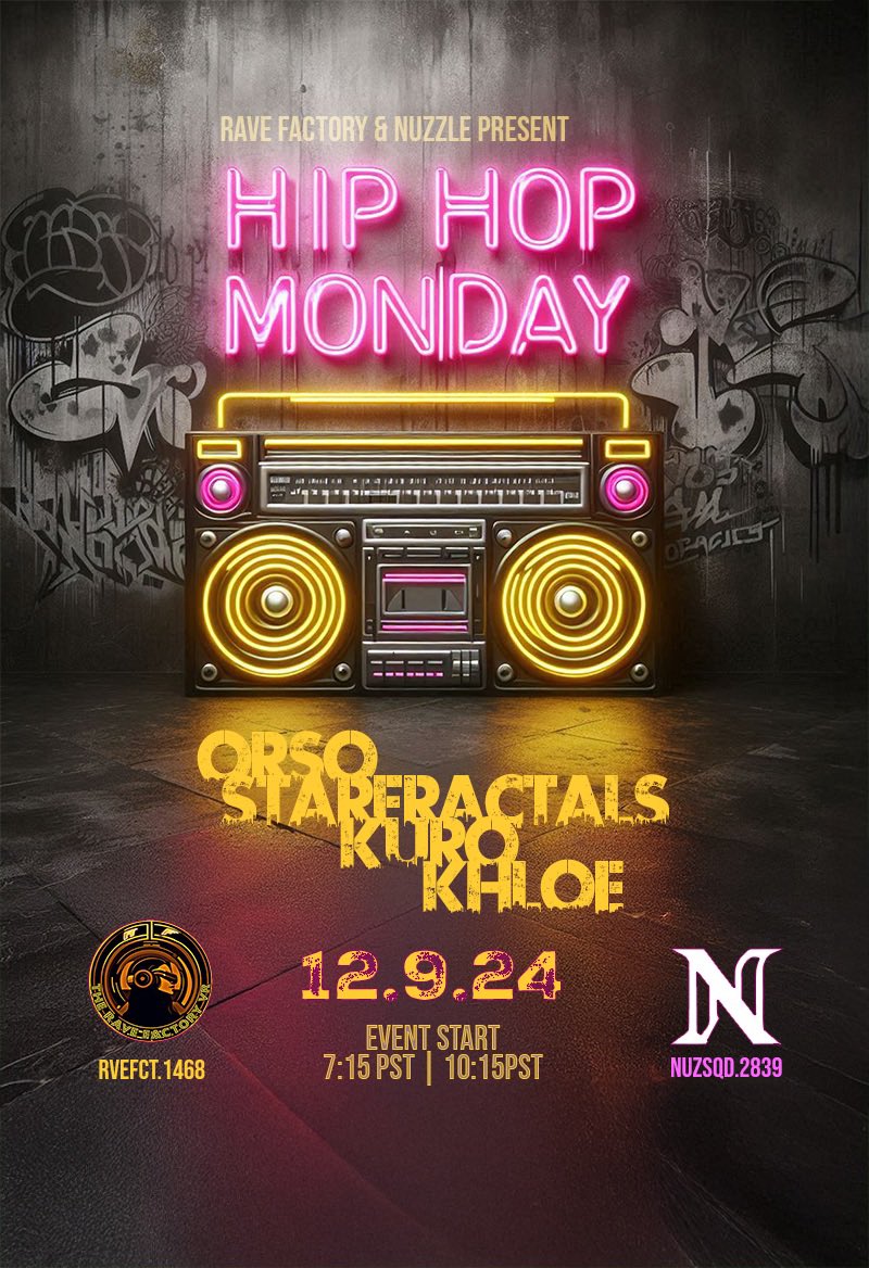 Join us, along with <a href="/NuzzleSquadVRC/">Nuzzle</a> for our very first HIP HOP MONDAY night! 

Lineup
<a href="/_Orso0/">_Orso</a>
<a href="/st4rfr4ct4ls/">St4r Fr4ct4ls</a>
<a href="/Notokaykuro/">Kuro🦋</a>
<a href="/Khlokatt/">Khlo</a> 

Join our group to join instance

vrc.group/RVEFCT.1468

Discord for more info!

discord.gg/RAVEFACTORYVR

discord.gg/jvsJkTSb?event…