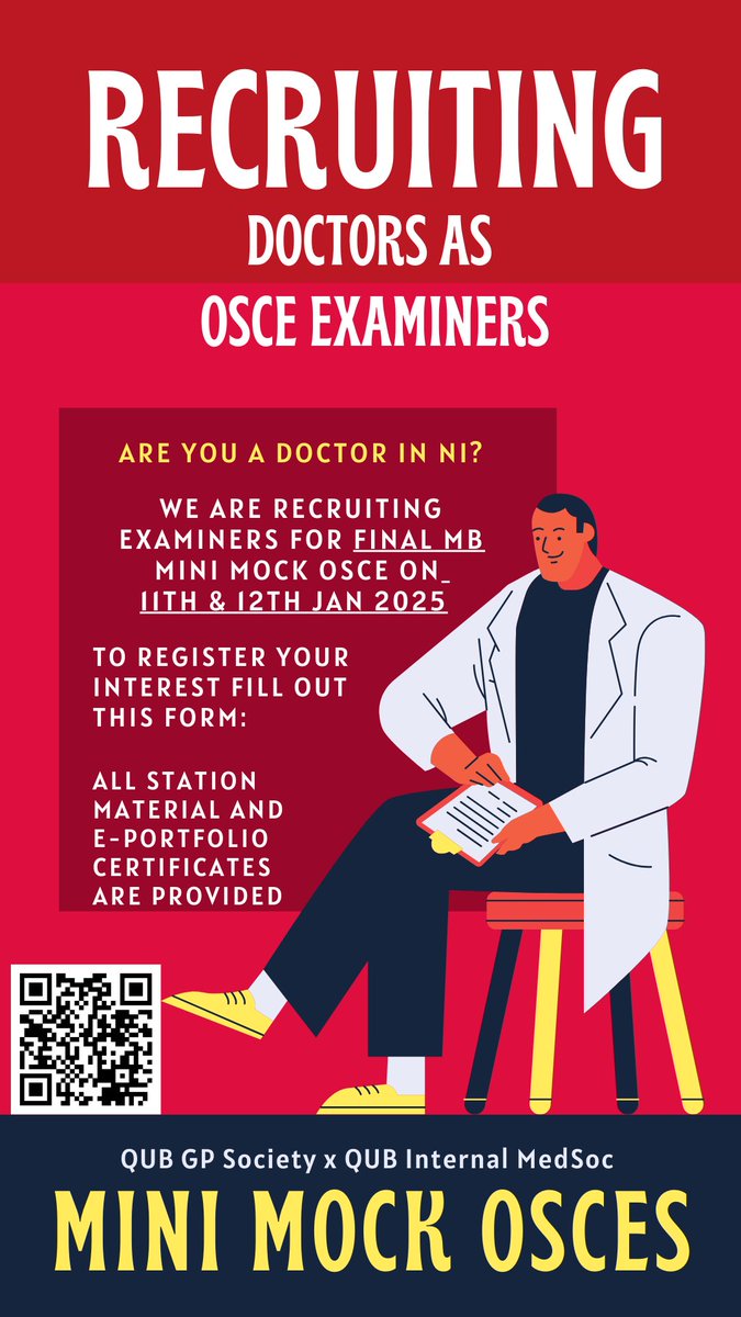 QUBGPSociety's tweet photo. 🩺Recruiting Doctors 🩺
We are planning our Final Year mock OSCE and are seeking to recruit doctors to help out as examiners. 

Sign up using the link below👇

Your help and support are invaluable to our final year students as they prepare
 
X QUB GP SOC X https://t.co/a6GVEkzwqC