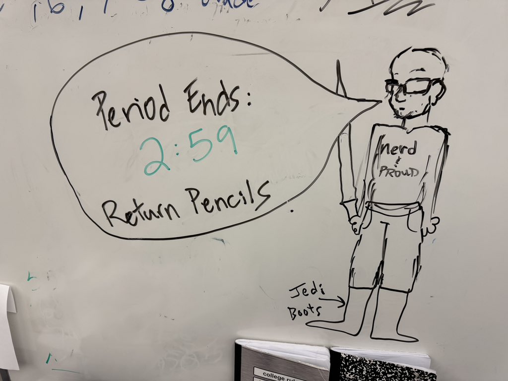 jediguybrarian's tweet image. Couple of students drew a picture of me on the class board. I consider it a compliment. 👍🏼 #proudnerd