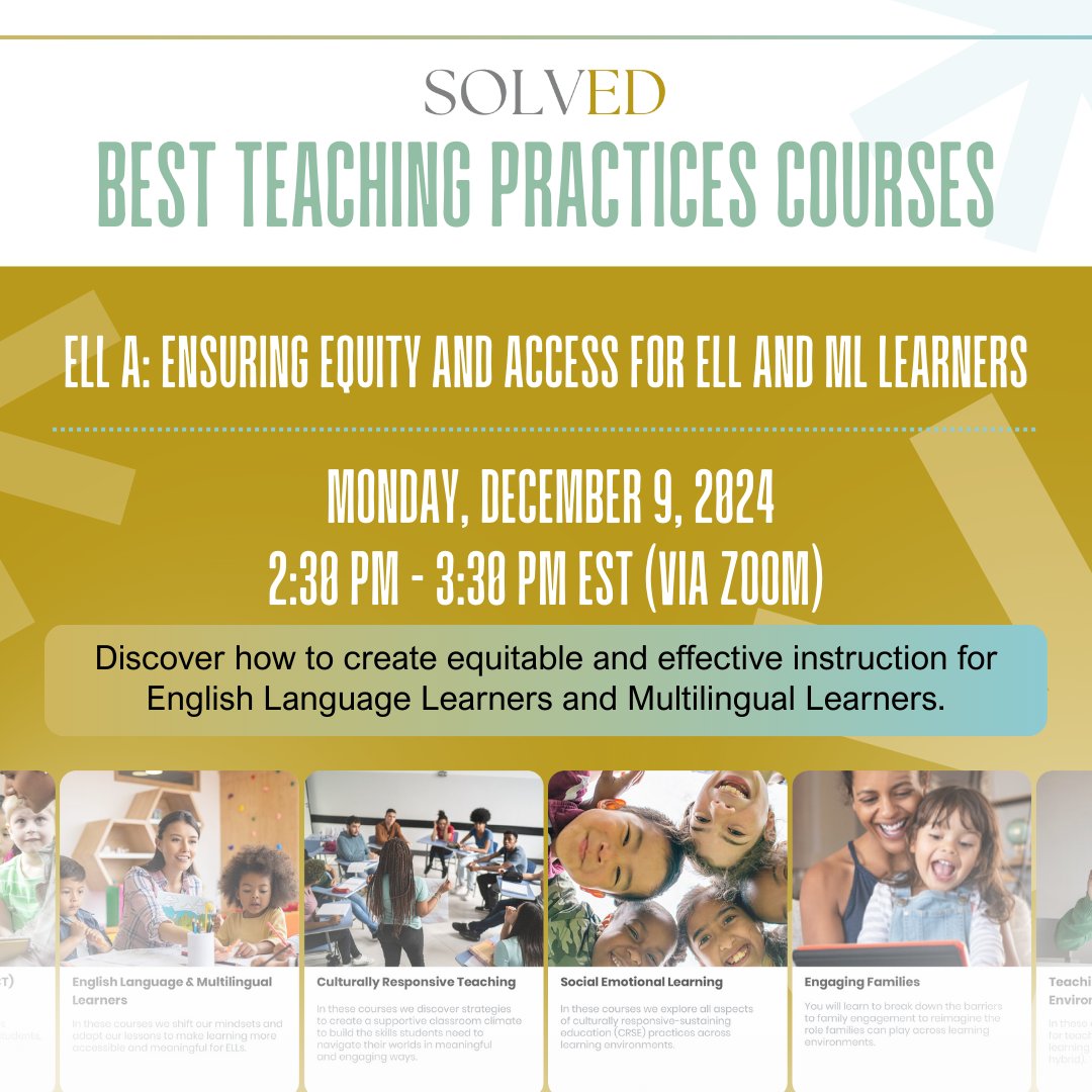 solvededucation's tweet photo. 🌟 Professional Development Sessions This Monday! 🌟

Join us on Monday, December 9th, 2024 for two impactful professional development sessions, designed to empower educators with actionable strategies and insights:

💡 Best Teaching Practices
ELL A: Ensuring Equity and Access for ELL and ML Learners
🕒 2:30 PM - 3:30 PM EST (via Zoom)
Discover how to create equitable and effective instruction for English Language Learners and Multilingual Learners.
💡 Best Data Practices
Attendance: Students at Risk of Being Chronically Absent
🕒 2:30 PM - 3:30 PM EST (via Zoom)
Empower your school community with actionable insights to improve student engagement.
📩 Inquire today to secure your spot!
Let’s work together to create equitable learning environments and improve student success. 💻✨