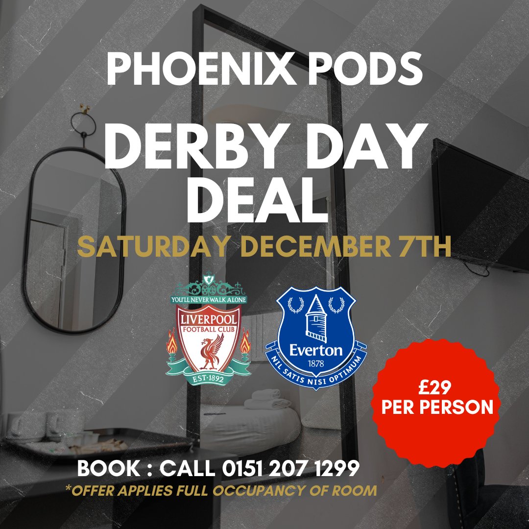 PhoenixHotelliv's tweet photo. ⚽🏟️ Derby Day Deal Alert! 🏟️⚽
This Saturday, experience the BIG game in style for just £29 per person! 
Call to book: 0151 207 1299
Offer applies with full room occupancy
#LiverpoolDerby #DerbyDay #deal #Football #Liverpool #everton #ynwa #pods #exploreliverpool #matchday https://t.co/jvVJWff4TV