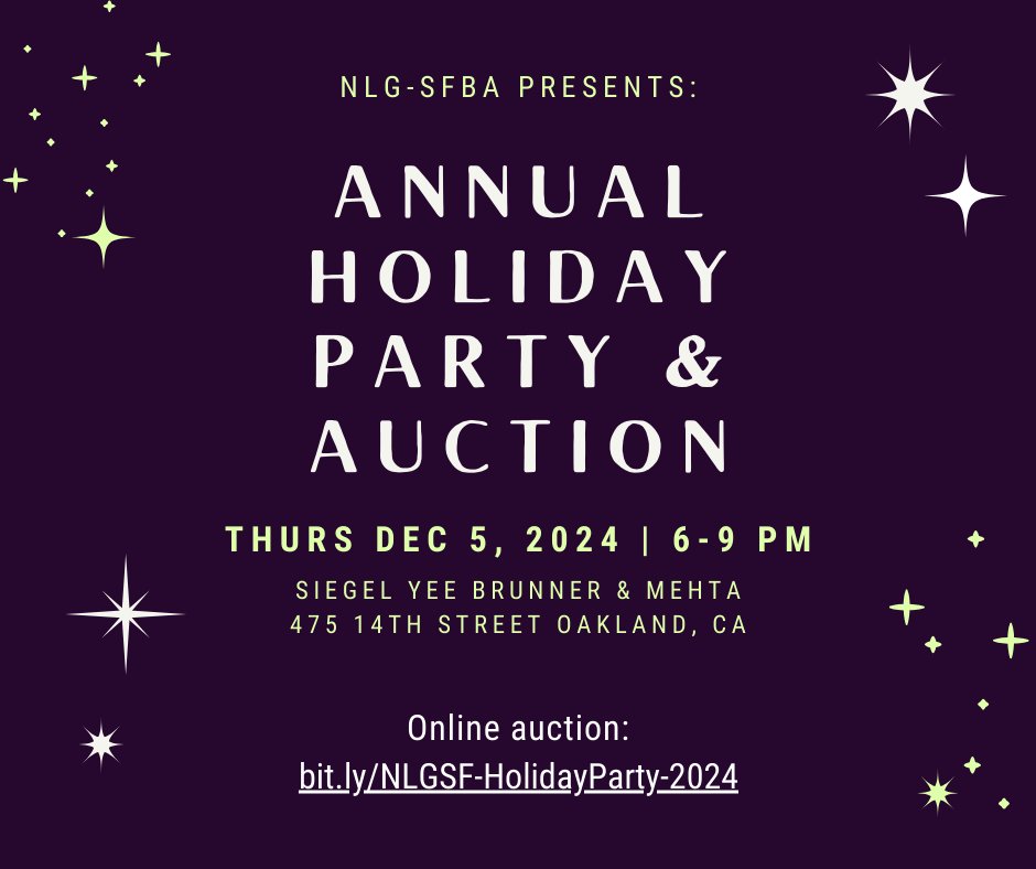 TODAY is our holiday party 🥳 This year the auction is online AND in person!

Get gifts for you &amp; your loved ones while supporting our work! All proceeds help us support &amp; defend the progressive movement.

🕗 Bid on 30+ items, now until 8:45pm

🔗 Join us: bit.ly/NLGSF-HolidayP…
