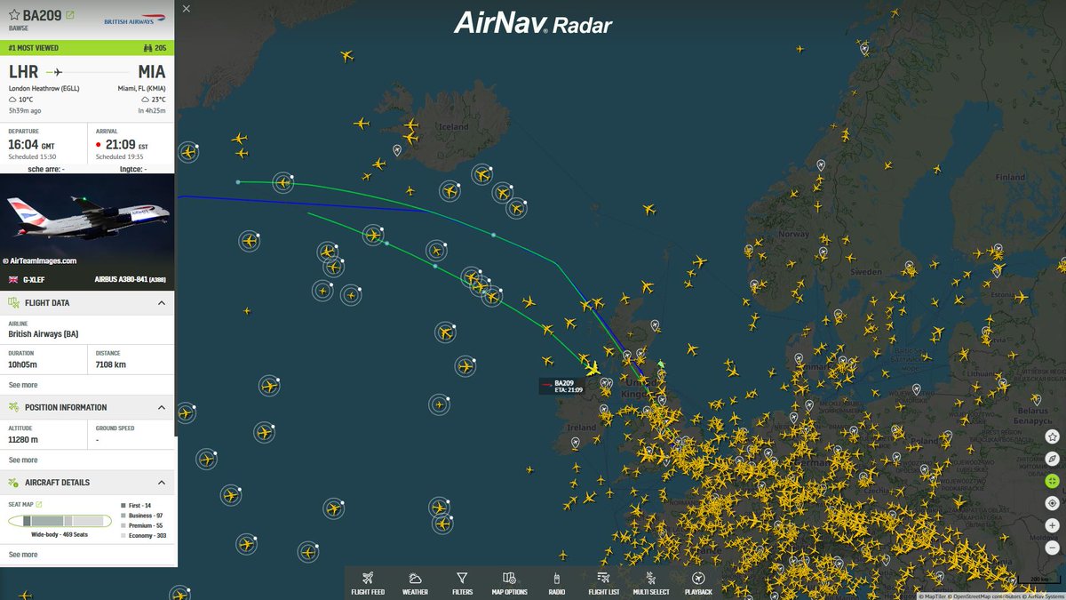 AirNavRadar's tweet photo. ๐จFlight Alert: British Airways flight #BA209 from London Heathrow to Miami is returning to London after flying for approximately 5 hours and 40 minutes.
Track #BA209 on RadarBox:
https://t.co/DZxEO2EMW2 https://t.co/tLGvp04uvq