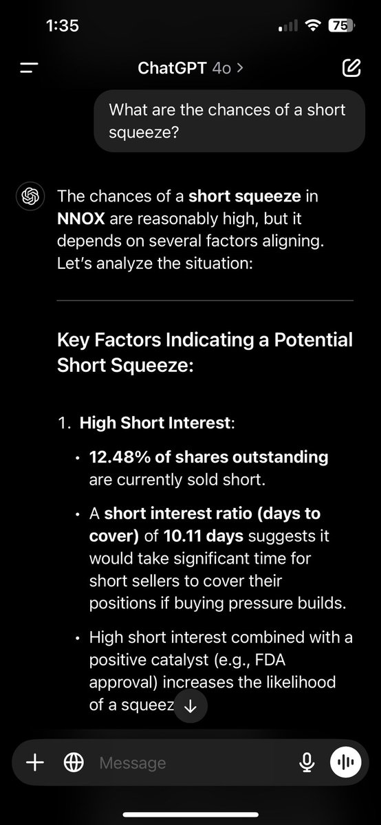 HanseulY's tweet photo. Asked ChatGPT if a $NNOX short squeeze was possible still… there is hope!  
$nvidia $apld $soun $rxrx $serv https://t.co/9inVrvp8Hd