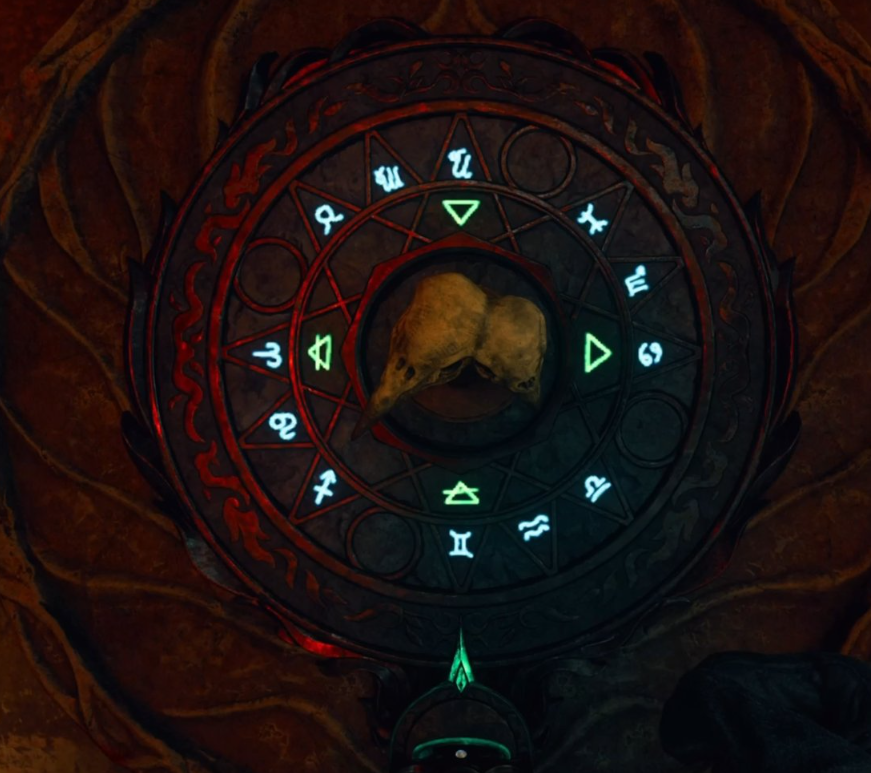 MargwaNetwork's tweet photo. OFFICIAL: Dark Sword Guide
1. Grab the raven sword
2. There's a bone trophy in the staminup/alchemy room on a shelf. Pick it up.
3. Go to the Tavern's underground area and go to the rune circle and put the trophy and sword into the slot
4. Depending on your bone trophy, you have to line up their respective astrology symbols. Or you can brute force it.
5. The sigil will start spawning zodiac bubbles. There will be void holes that start spawning, and you just guide the bubbles into them.
6. You get the sword

Credit to @EmrahOsmanovic7

The image below is seemingly the correct combination for whatever the fuck that skull is. The combinations can vary. If you find one, please post in the replies below.