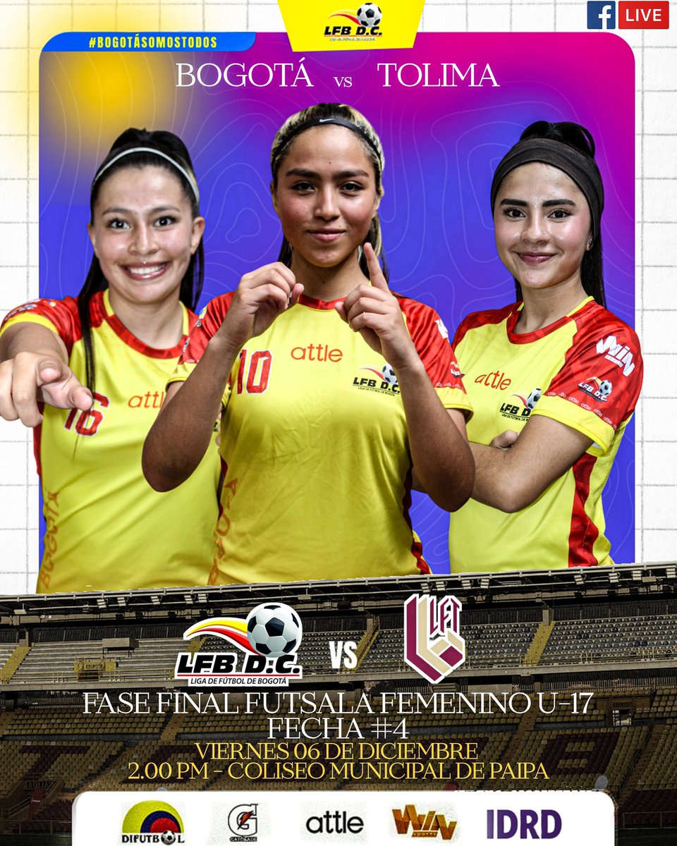 Prográmate con nuestra Selección Bogotá
Femenina U-17 de fútbol sala. 👏🏼💯

Fase Final. 🏆
Fecha #4
🗓️ Viernes 06 de Diciembre 
⌚️ 2:00 Pm Hrs
🆚 Liga de Fútbol Del Tolima 
🏟️ Coliseo Municipal De Paipa - Boyacá 

#𝓑𝓸𝓰𝓸𝓽á𝓢𝓸𝓶𝓸𝓼𝓣𝓸𝓭𝓸𝓼 💛❤️