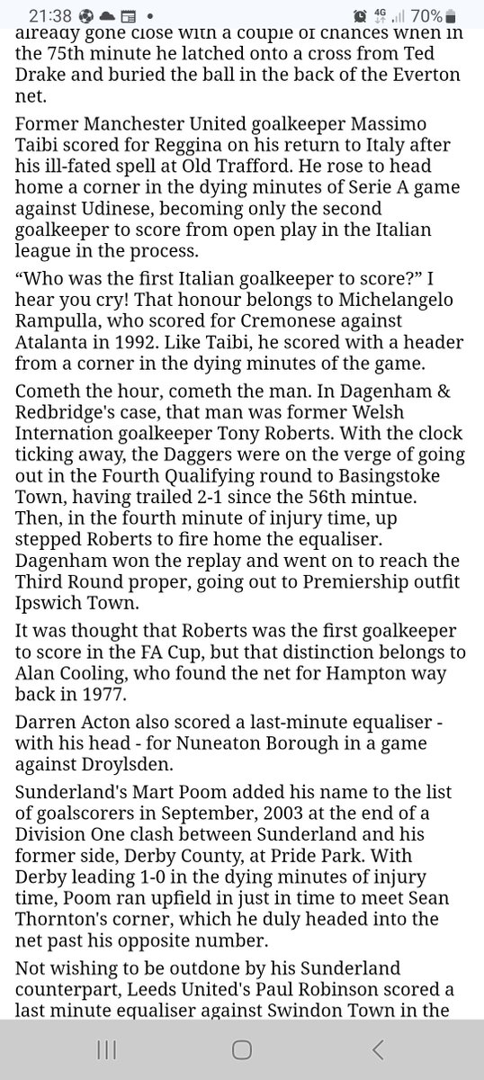 The statement made about Josh keeley being the first keeper to score from open play is incorrect. The first keeper was Alan cooling and even Legend Tony Roberts for daggers scored in fa cup from open play lol. Sorry Josh great goal though Up the o's