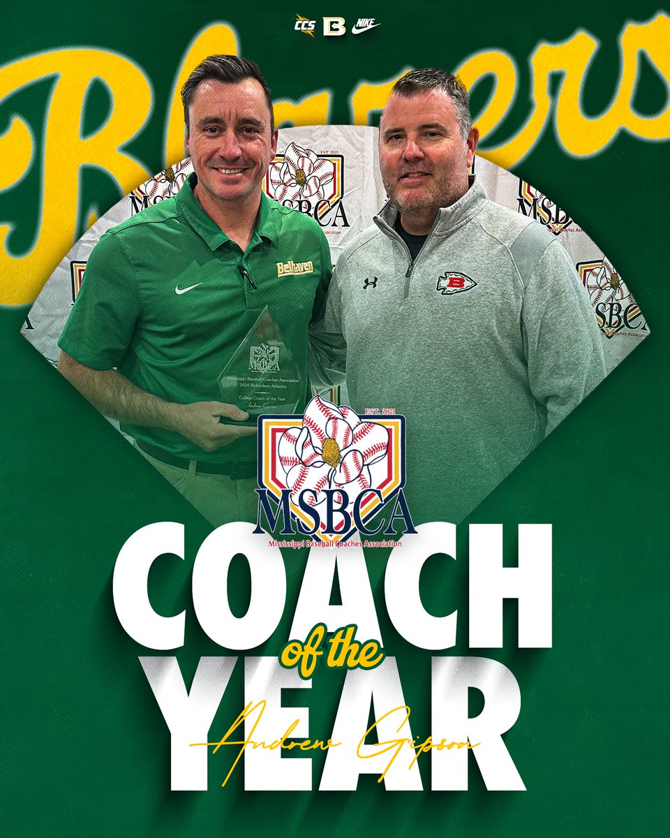 𝐌𝐒𝐁𝐂𝐀 𝐂𝐨𝐚𝐜𝐡 𝐨𝐟 𝐭𝐡𝐞 𝐘𝐞𝐚𝐫 ⚾️

Congratulations to <a href="/BelhavenBSB/">Belhaven Baseball</a> Head Coach Andrew Gipson on being tabbed the <a href="/MississippiBCA/">MS Baseball Coaches Association</a> Four-Year School Coach of the Year

📰 » bit.ly/3ZFQirR

#GoGreen | <a href="/BelhavenBSB/">Belhaven Baseball</a>