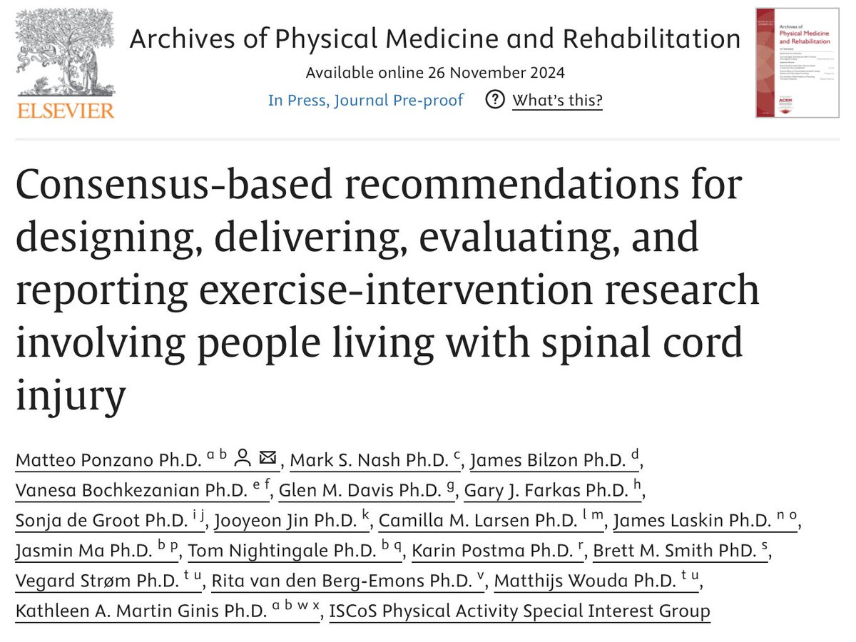 Tom Nightingale (@tnightingale10) on Twitter photo First output from the <a href="/ISCoSmeetings/">ISCoS Meetings</a> Physical Activity Special Interest Group published in <a href="/ArchivesPMR/">ArchivesPMR</a> - led by <a href="/PonzanoMatteo/">Matteo Ponzano, PhD</a> and <a href="/sciactioncanada/">SCI Action Canada Lab Kathleen Martin Ginis</a>
🌍 team of authors used a consensus-based approach to formulate recommendations for conducting #SCI #exercise research (1/2) First output from the <a href="/ISCoSmeetings/">ISCoS Meetings</a> Physical Activity Special Interest Group published in <a href="/ArchivesPMR/">ArchivesPMR</a> - led by <a href="/PonzanoMatteo/">Matteo Ponzano, PhD</a> and <a href="/sciactioncanada/">SCI Action Canada Lab Kathleen Martin Ginis</a>
🌍 team of authors used a consensus-based approach to formulate recommendations for conducting #SCI #exercise research (1/2)
