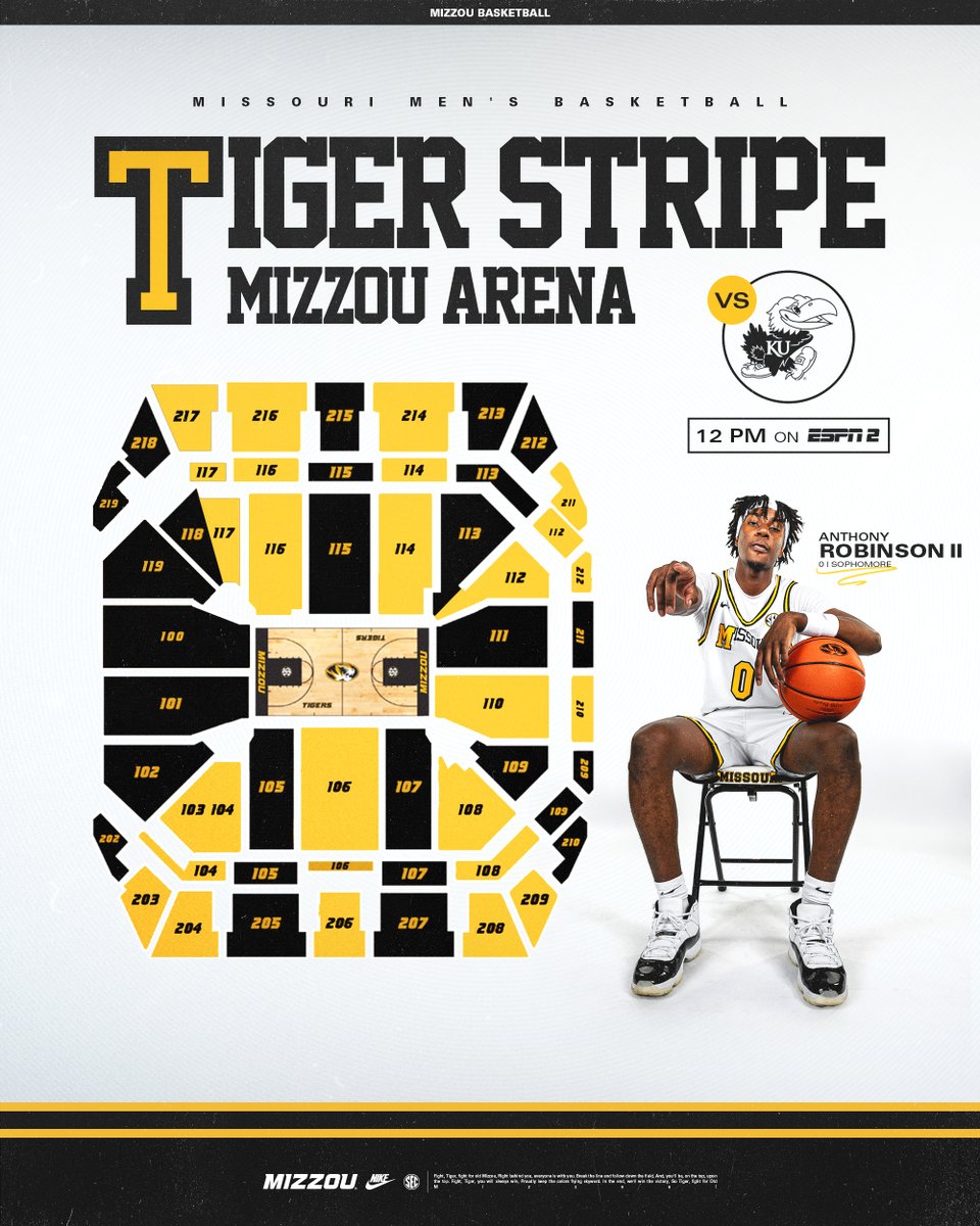 ⬛️🟨 We're Tiger striping Mizzou Arena on Sunday! ⬛️🟨

Make sure you find your section and see what color you should wear before kU comes to town!

#MIZ 🐯