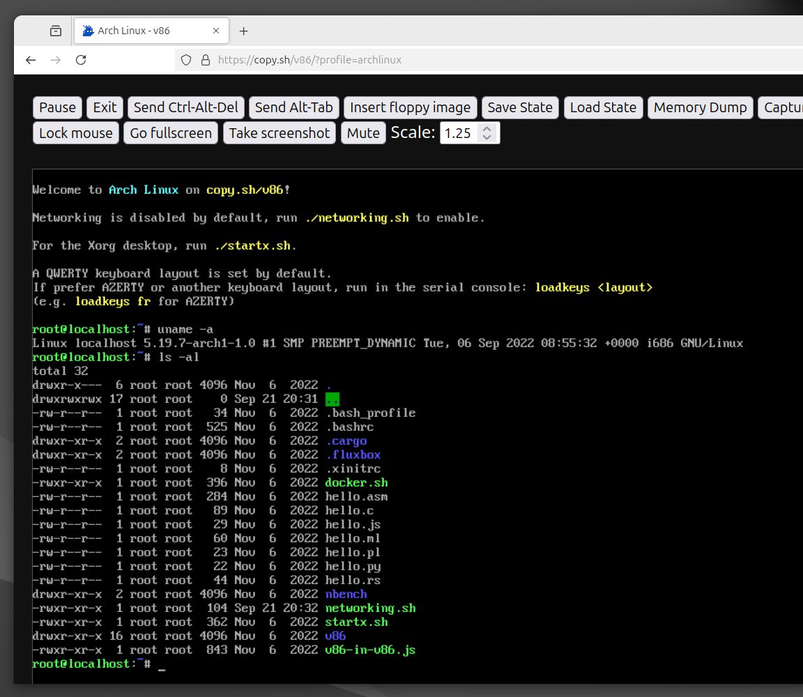 Want to learn the Linux command line but don’t have a Linux computer? No worries! Try Arch Linux running in your web browser. It’s powered by v86, an x86 emulator that translates x86 instructions to WebAssembly 😎👇

copy.sh/v86/?profile=a…

#linux #archlinux