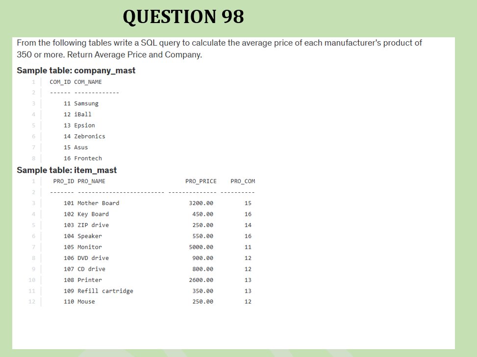 RebeccaOluwato3's tweet image. #MASTERSQL #Day98 #Question98 #LearnwithRebecca #100daysofSQLexercises