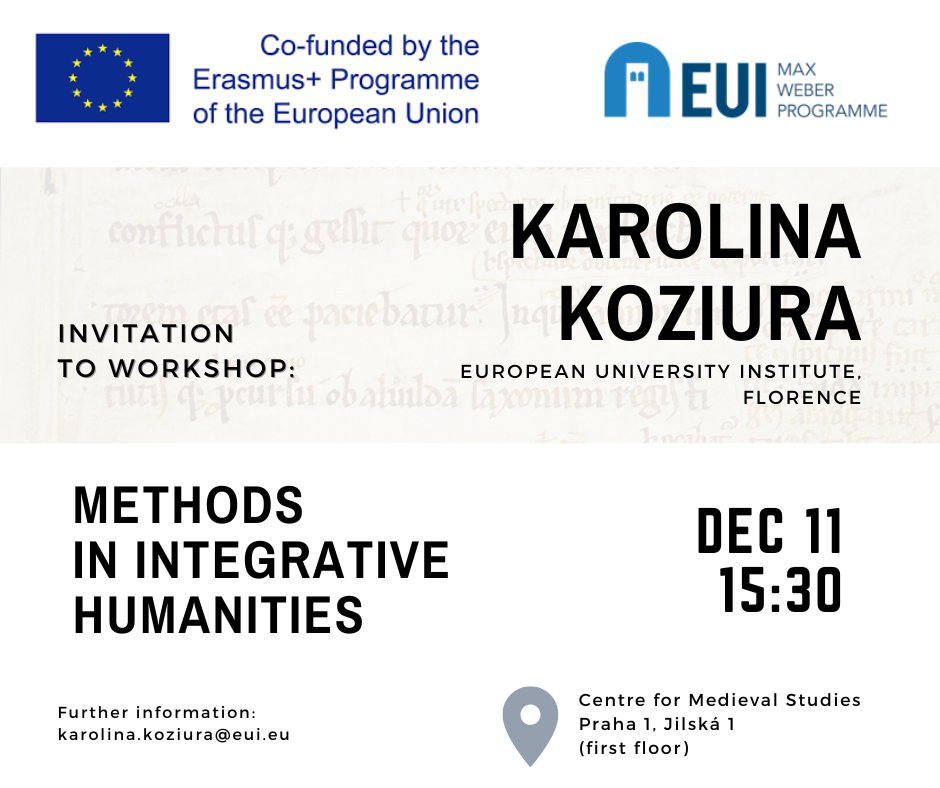 Prague Medieval Studies | Charles University (@medieval_cuni) on Twitter photo Join workshops by Karolina Koziura (<a href="/EUI_EU/">European University Institute</a>):
Methods in Integrative Humanities
🗓 Dec 11, 15:30
📍 Centre for Medieval Studies
Academic Professionalization Workshop
🗓 Dec 9–12 (various times)
📍 Jan Palach Library
More info 👉 css.ff.cuni.cz/cs/workshopy-n… Join workshops by Karolina Koziura (<a href="/EUI_EU/">European University Institute</a>):
Methods in Integrative Humanities
🗓 Dec 11, 15:30
📍 Centre for Medieval Studies
Academic Professionalization Workshop
🗓 Dec 9–12 (various times)
📍 Jan Palach Library
More info 👉 css.ff.cuni.cz/cs/workshopy-n…