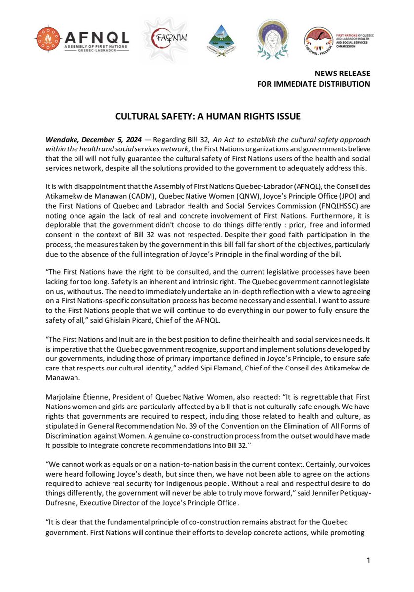 BPJOYCE_'s tweet photo. 🟣🎙️ PRESS RELEASE | Cultural Safety: A Human Rights Issue

APNQL - AFNQL
Femmes Autochtones du Québec - Quebec Native Women
Conseil des Atikamekw de Manawan
CSSSPNQL / FNQLHSSC https://t.co/KwpNM7EVvQ