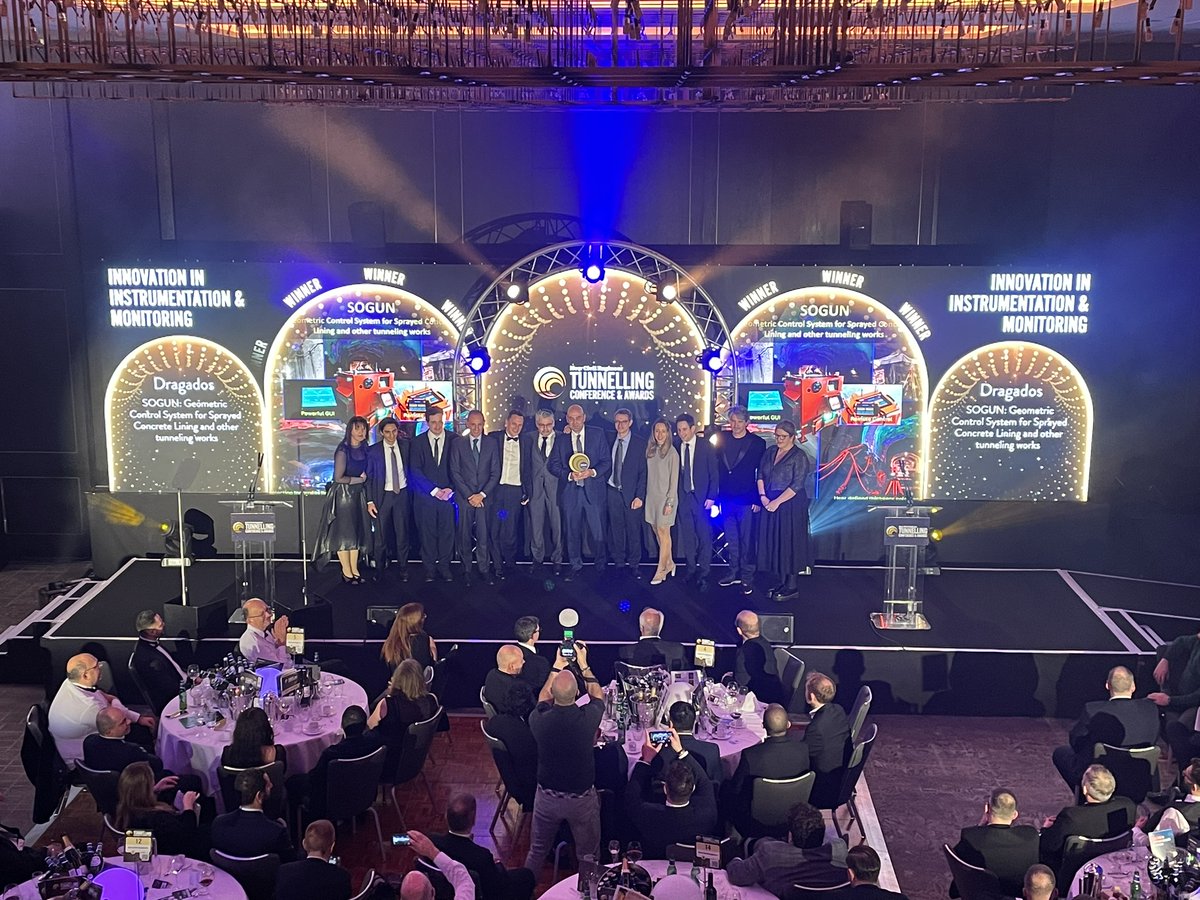 ncedigital's tweet photo. Our next award of the night goes to Dragados for Innovation in Instrumentation &amp; Monitoring . Well done!   #NCETunnelling 👏 Number 2 award!! https://t.co/EaeOFj0X45