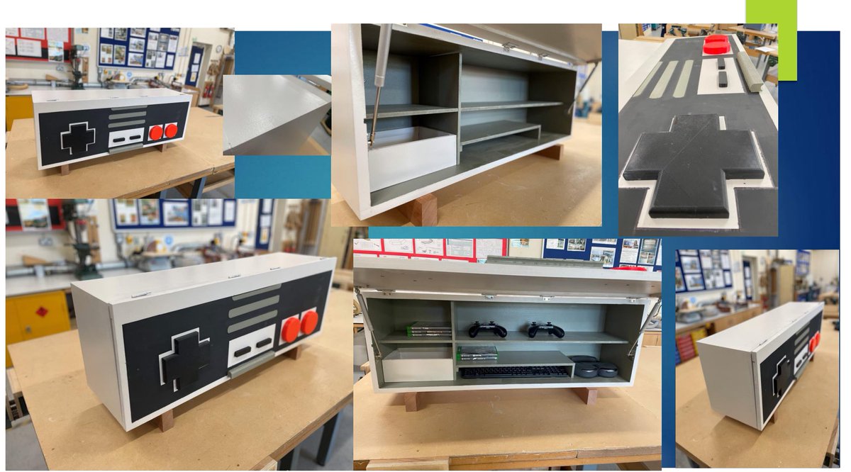 GCSE pupils gaming stand for TV and gaming console. Excellent quality work from last year’s students. This pupil was inspired to study Product Design at A level. <a href="/Tranby_school/">Tranby</a> <a href="/Tranby_DT/">Design Technology</a>